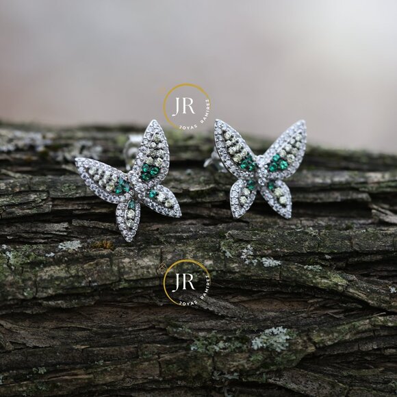 Sterling Silver Butterfly Earrings • Emerald & Clear CZ • Luxe Wing Design. - Picture 1 of 7